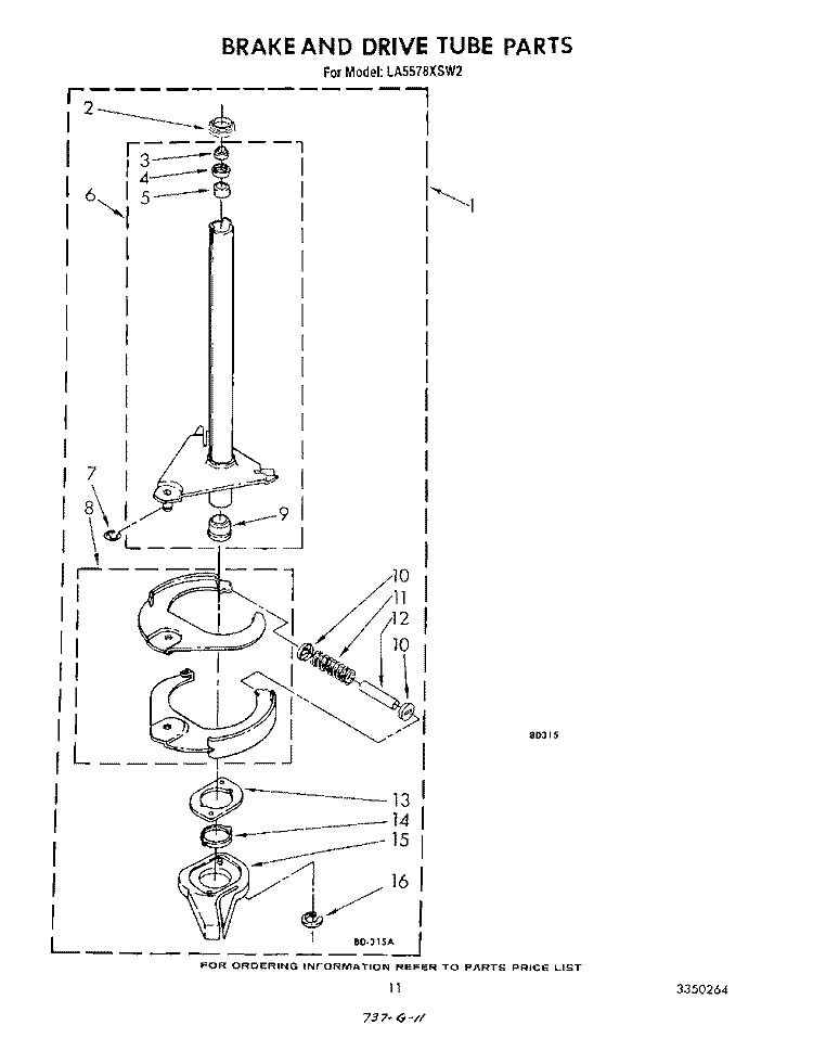 BRAKE AND DRIVE TUBE Diagram and Parts List for LA5578XSW2  Whirlpool Washer