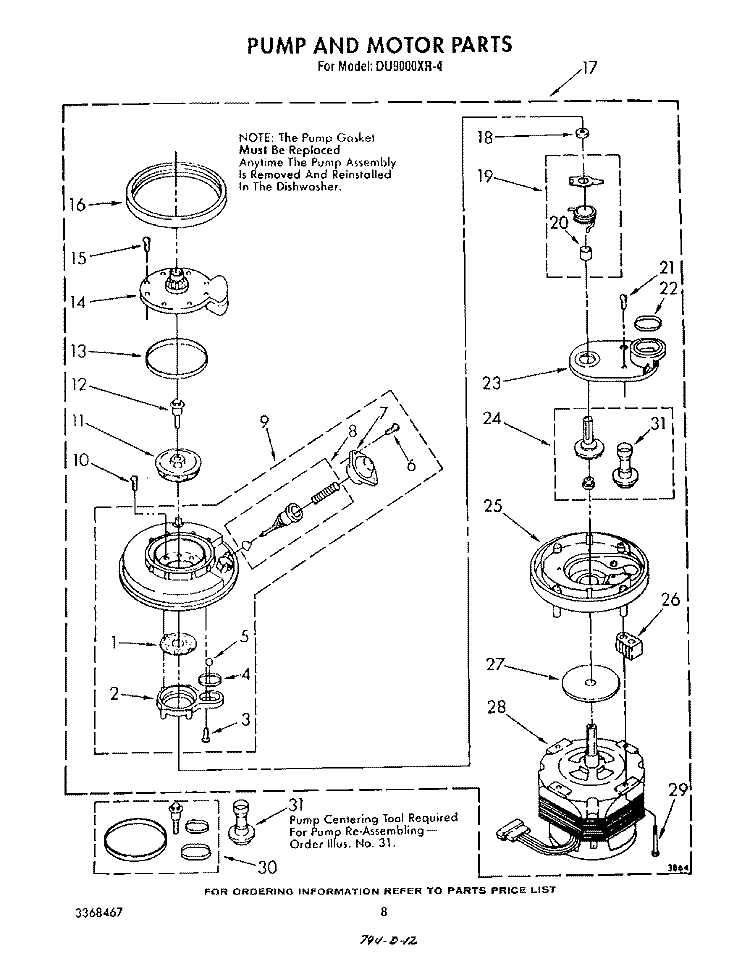PUMP AND MOTOR Diagram and Parts List for DU9000XR4  Whirlpool Dishwasher