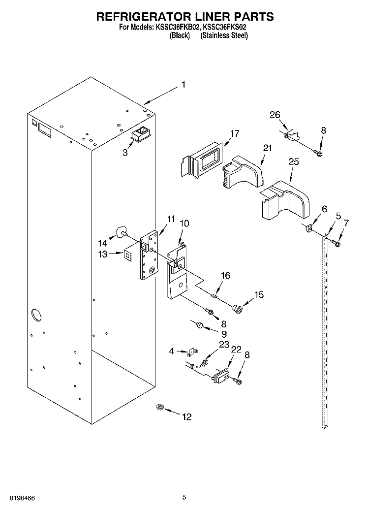 REFRIGERATOR LINER PARTS Diagram and Parts List for KSSC36FKS02  KitchenAid Refrigerator