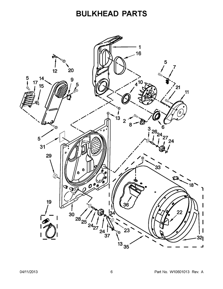 BULKHEAD PARTS Diagram and Parts List for 7MWED1600BM0  Whirlpool Dryer