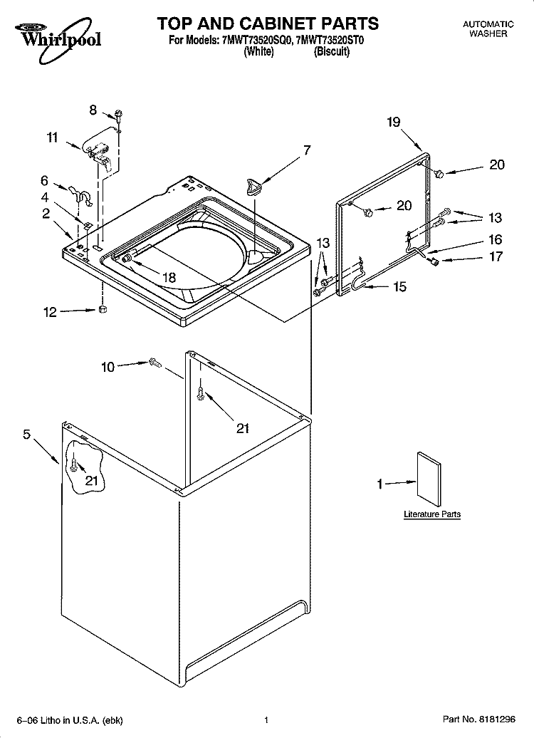 TOP AND CABINET PARTS Diagram and Parts List for 7MWT73520SQ0  Whirlpool Washer