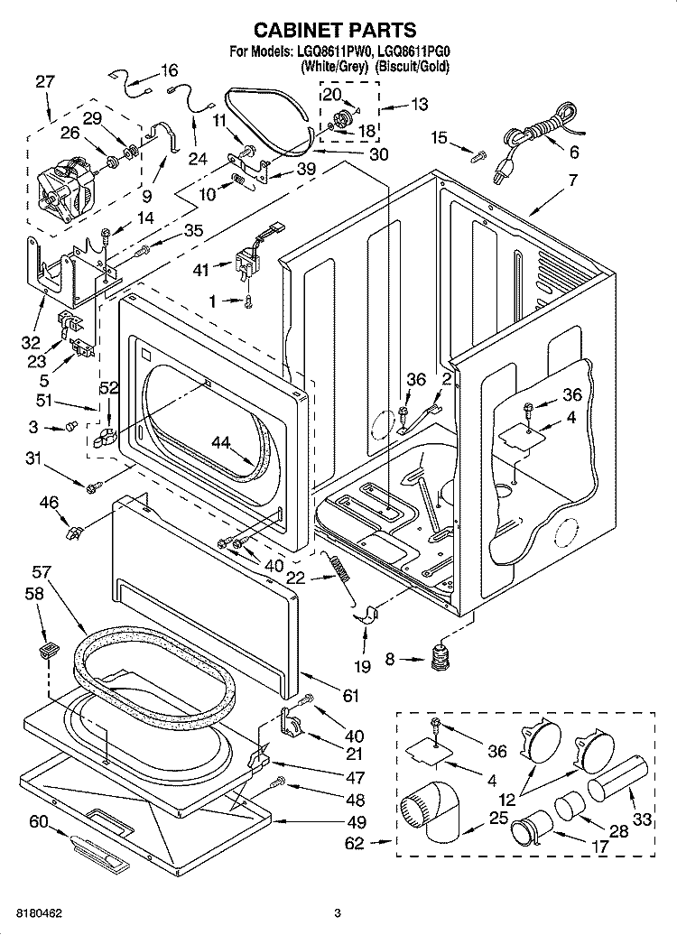 CABINET PARTS Diagram and Parts List for LGQ8611PG0  Whirlpool Dryer