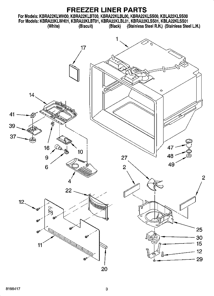 FREEZER LINER PARTS Diagram and Parts List for KBLA22KLSS01  KitchenAid Refrigerator