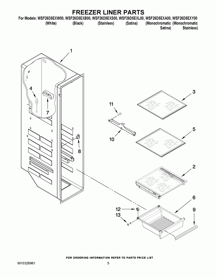FREEZER LINER PARTS Diagram and Parts List for WSF26D5EXL00  Whirlpool Refrigerator