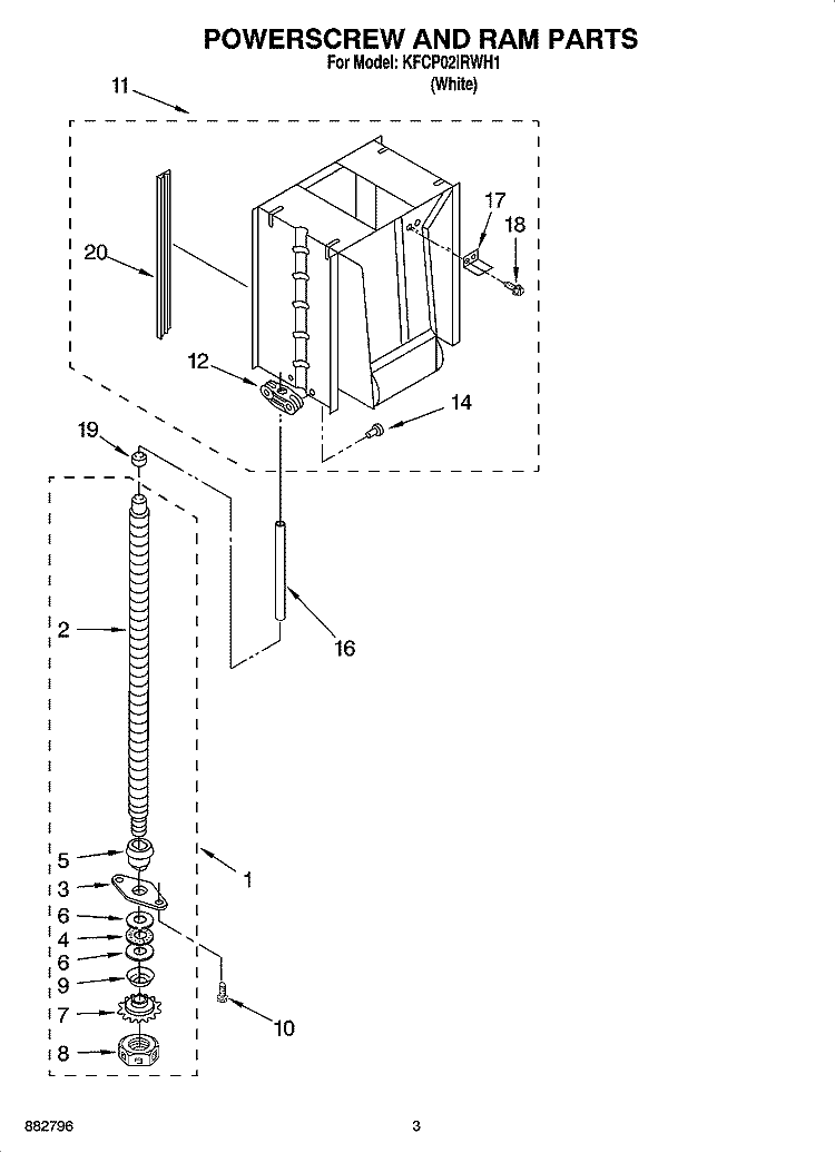 POWERSCREW AND RAM PARTS Diagram and Parts List for KFCP02IRWH1  KitchenAid Trash Compactor