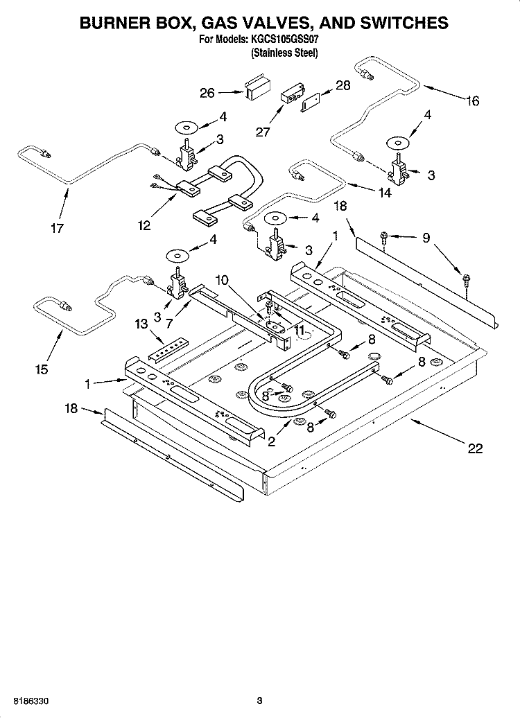 BURNER BOX, GAS VALVES, AND SWITCHES, OPTIONAL PARTS Diagram and Parts List for KGCS105GSS07  KitchenAid Cooktop