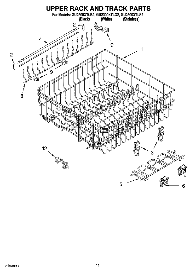 UPPER RACK AND TRACK PARTS Diagram and Parts List for GU2300XTLS2  Whirlpool Dishwasher