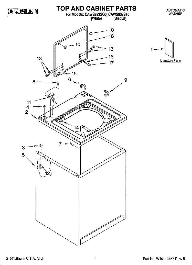TOP AND CABINET PARTS Diagram and Parts List for CAWS833ST0  Crosley Washer