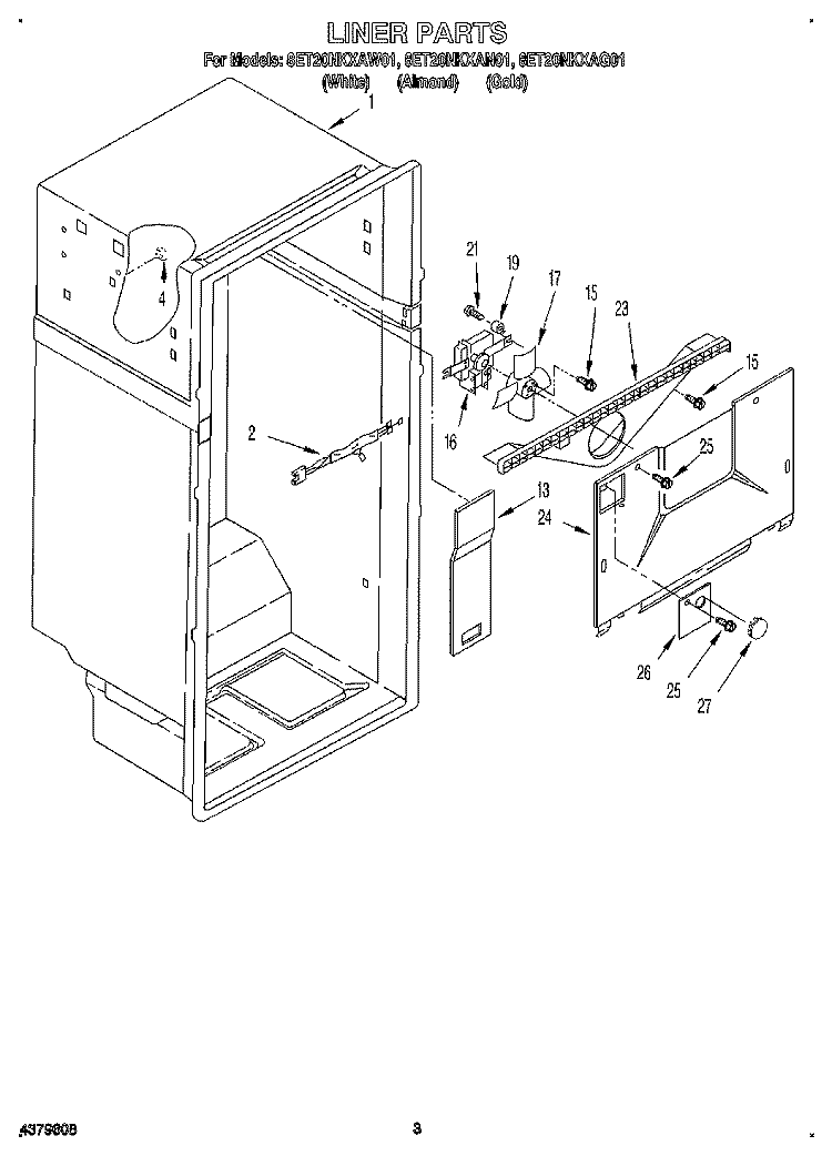 LINER Diagram and Parts List for 8ET20NKXAN01  Whirlpool Refrigerator