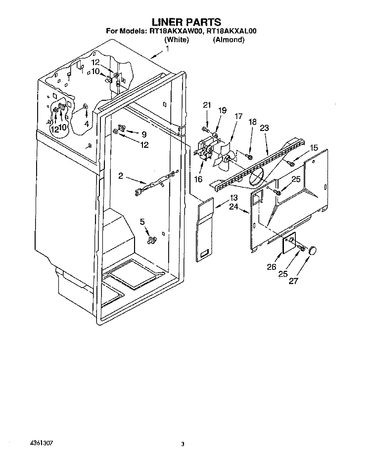 LINER Diagram and Parts List for RT18AKXAW00  Roper Refrigerator