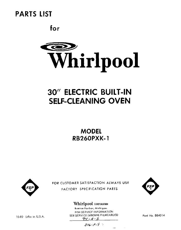 SECTION Diagram and Parts List for RB260PXK1  Whirlpool Wall Oven
