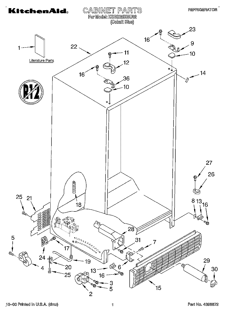 CABINET, LITERATURE Diagram and Parts List for KSRS25IHBU02  KitchenAid Refrigerator