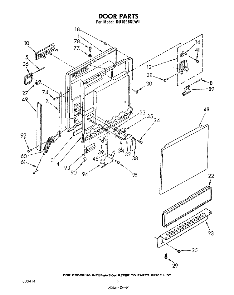DOOR Diagram and Parts List for DU1098XLW1  Whirlpool Dishwasher
