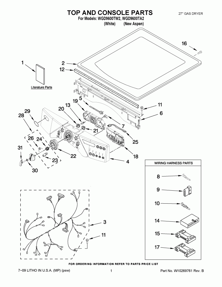 TOP AND CONSOLE PARTS Diagram and Parts List for WGD9600TW2  Whirlpool Dryer