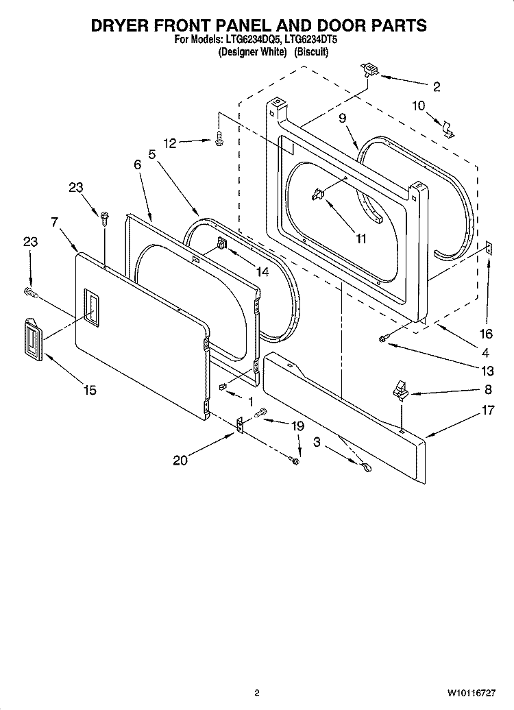 DRYER FRONT PANEL AND DOOR PARTS Diagram and Parts List for LTG6234DQ5  Whirlpool Washer Dryer Combo