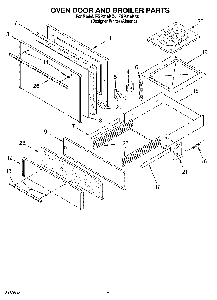 OVEN DOOR AND BROILER Diagram and Parts List for FGP215KN0  Roper Range