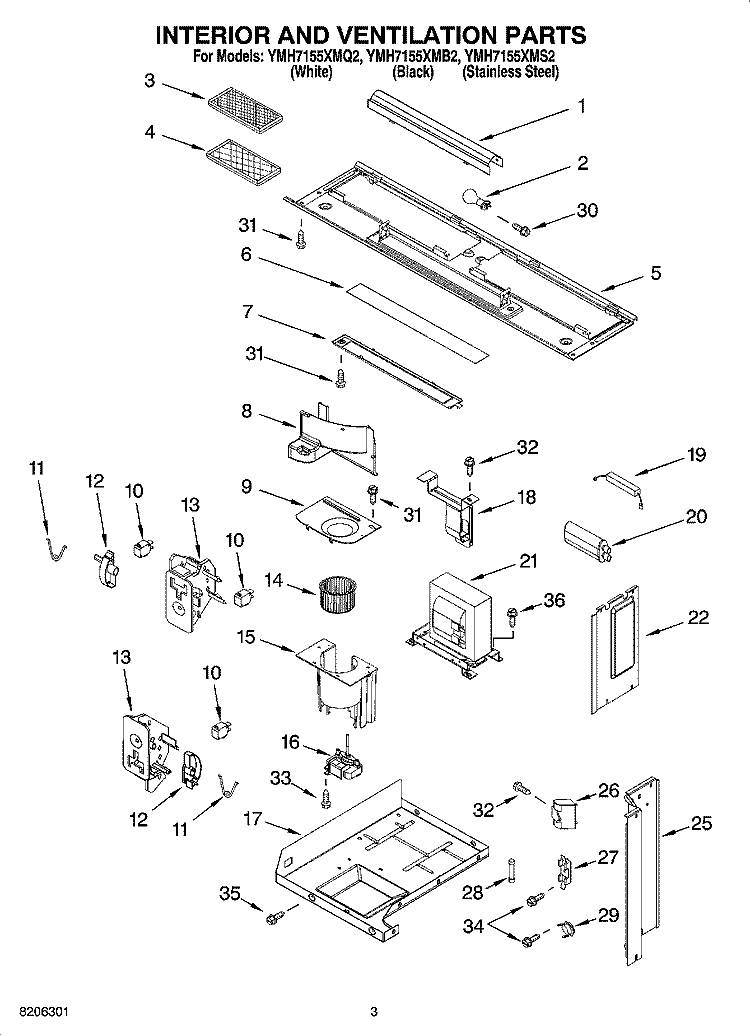 INTERIOR AND VENTILATION PARTS Diagram and Parts List for YMH7155XMQ2  Whirlpool Microwave