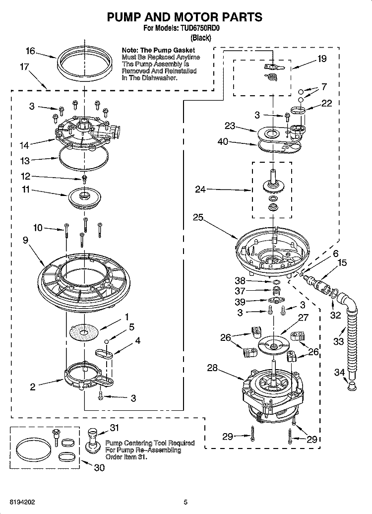 PUMP AND MOTOR PARTS Diagram and Parts List for TUD6750RD0  Estate Dishwasher