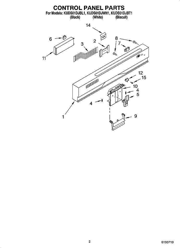 CONTROL PANEL PARTS Diagram and Parts List for KUDS01DJBT1  KitchenAid Dishwasher