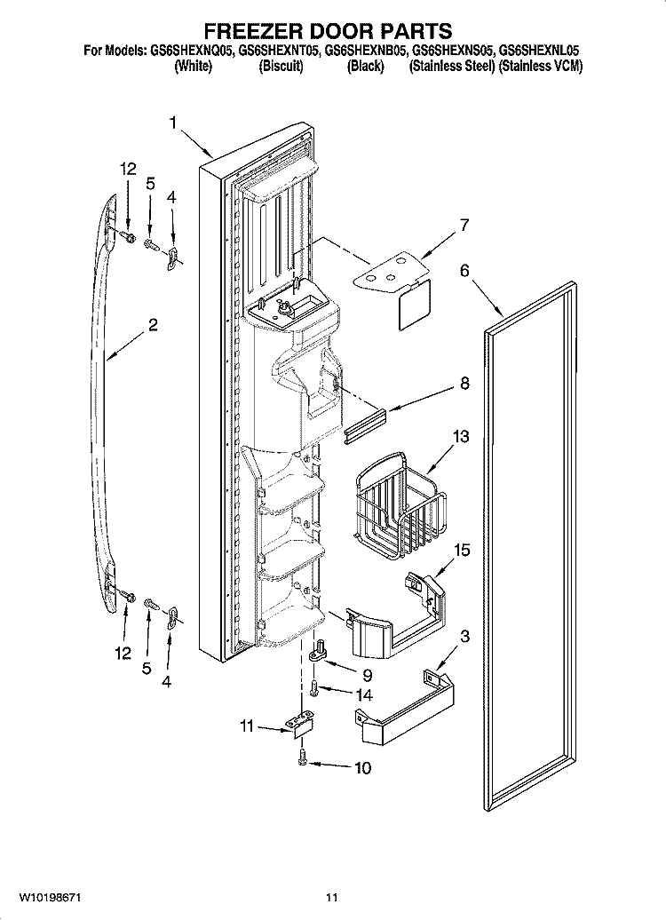 FREEZER DOOR PARTS Diagram and Parts List for GS6SHEXNB05  Whirlpool Refrigerator