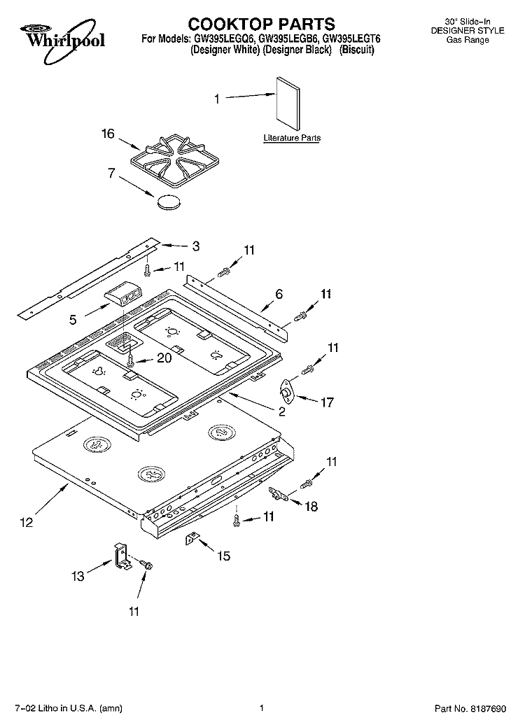 COOKTOP, LITERATURE Diagram and Parts List for GW395LEGB6  Whirlpool Range