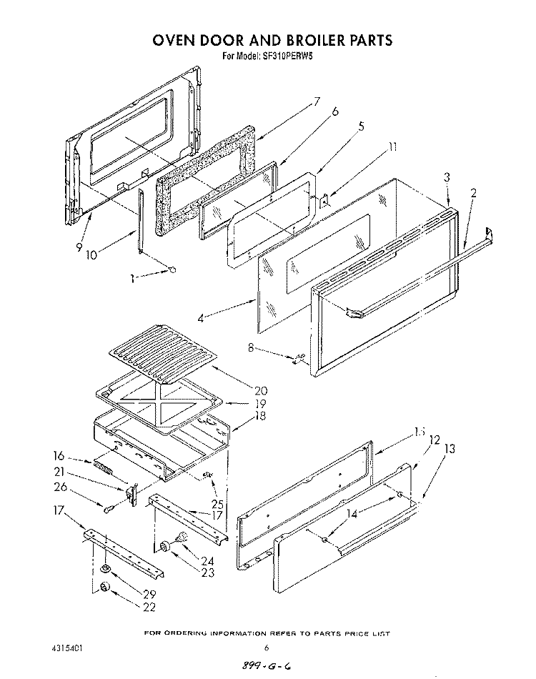 OVEN DOOR AND BROILER Diagram and Parts List for SF310PERW5  Whirlpool Range