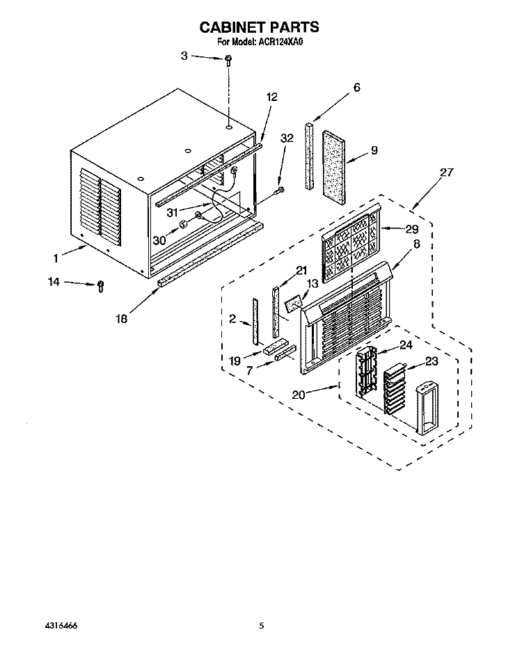 CABINET Diagram and Parts List for ACR124XA0  Whirlpool Air Conditioner