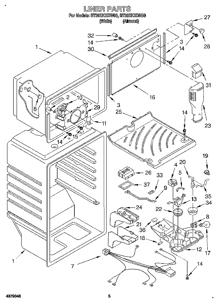 LINER Diagram and Parts List for RT20DKXDW00  Roper Refrigerator
