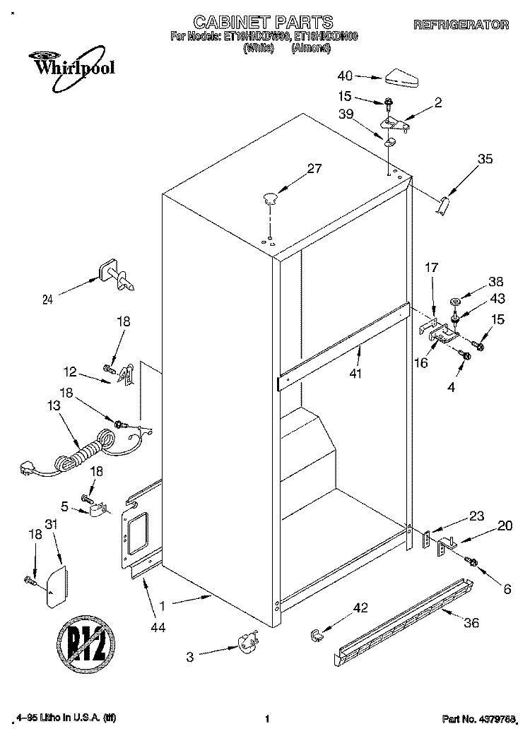CABINET Diagram and Parts List for ET18HNXDW00  Whirlpool Refrigerator