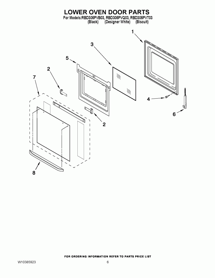 LOWER OVEN DOOR PARTS Diagram and Parts List for RBD305PVQ03  Whirlpool Wall Oven