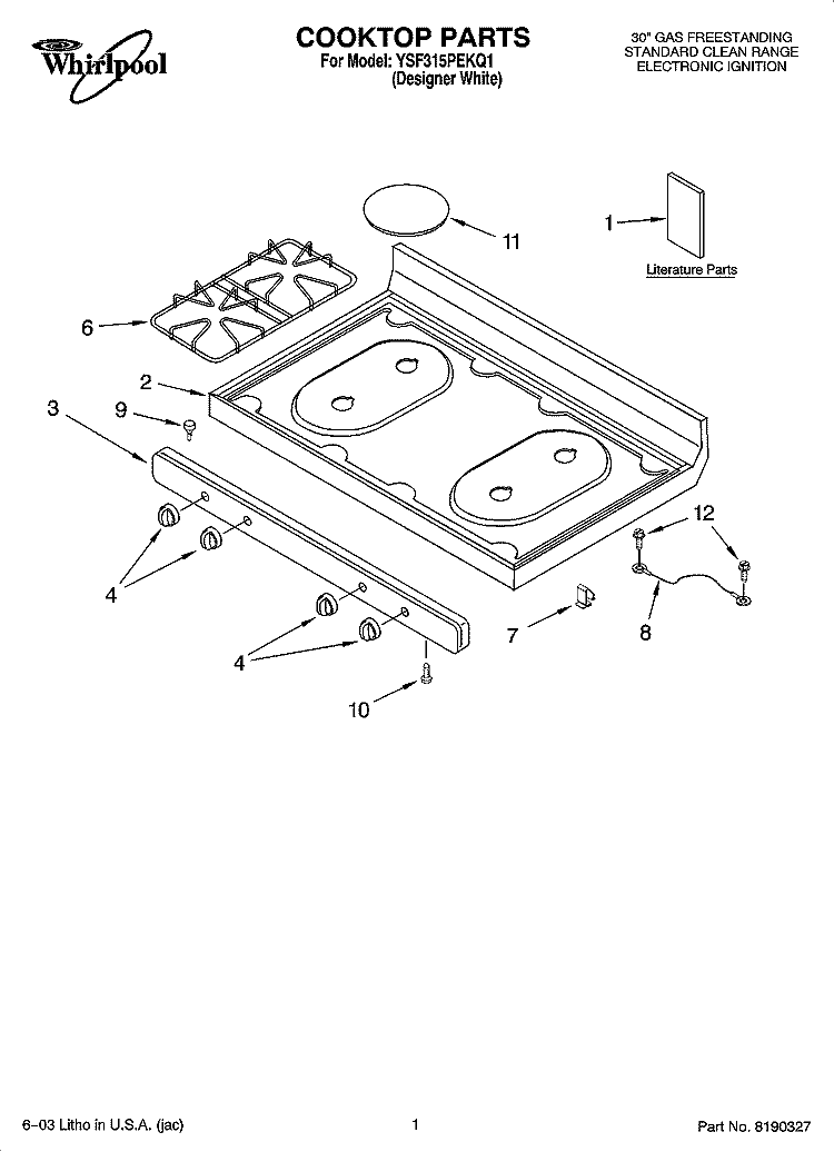 COOKTOP PARTS Diagram and Parts List for YSF315PEKQ1  Whirlpool Range