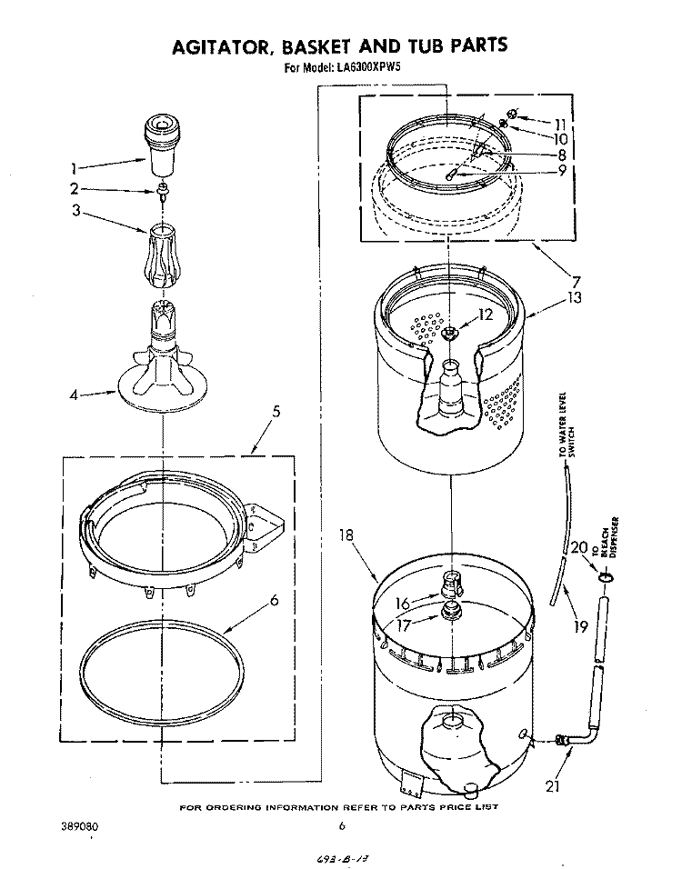 AGITATOR, BASKET AND TUB Diagram and Parts List for LA6300XPW5  Whirlpool Washer