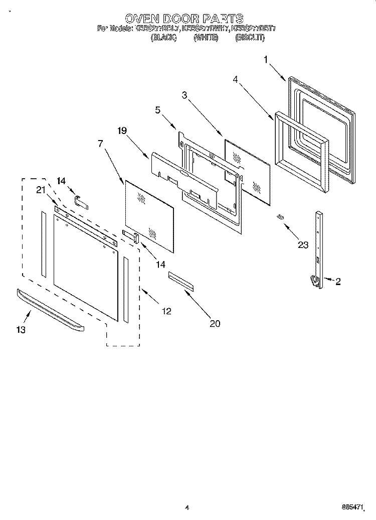 OVEN DOOR Diagram and Parts List for KEBS277DBL7  KitchenAid Wall Oven