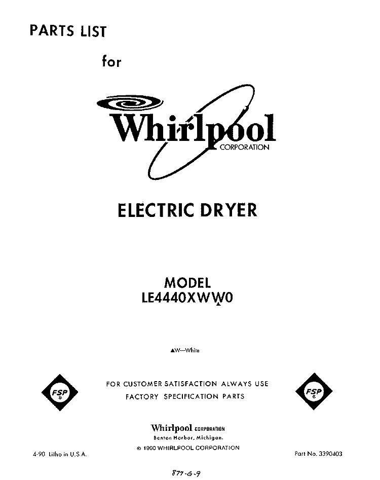 SECTION Diagram and Parts List for LE4400XWW0  Whirlpool Dryer