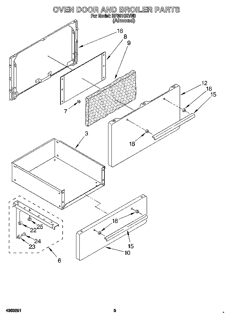 OVEN DOOR AND BOILER Diagram and Parts List for RF3010XVN3  Whirlpool Range