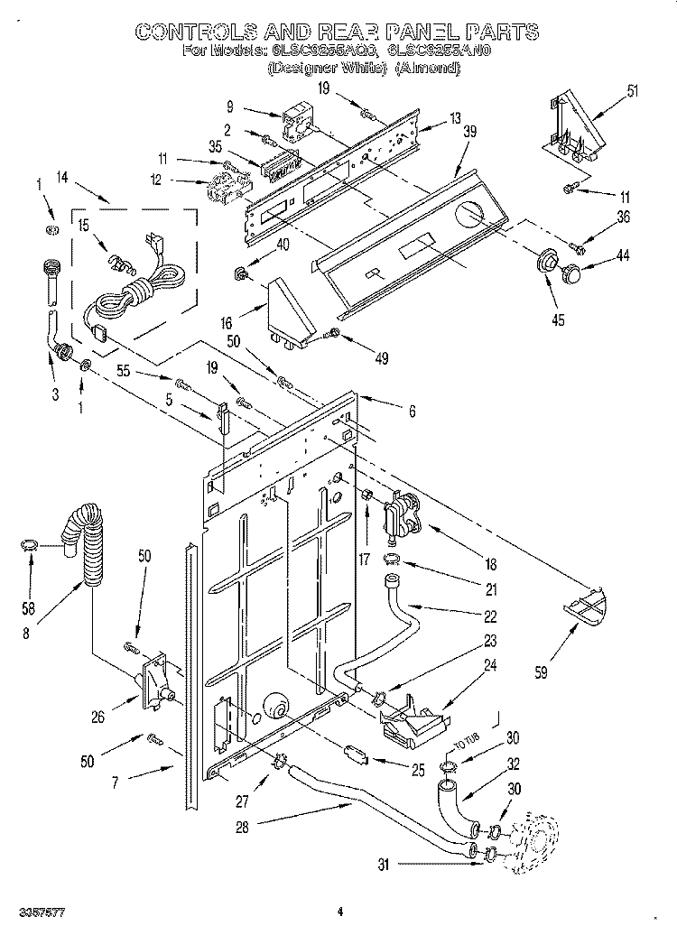 CONTROLS AND REAR PANEL Diagram and Parts List for 6LSC9255AQ0  Whirlpool Washer
