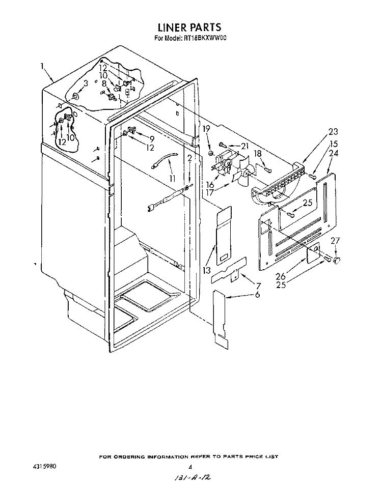 LINER Diagram and Parts List for RT18BKXWW00  Roper Refrigerator