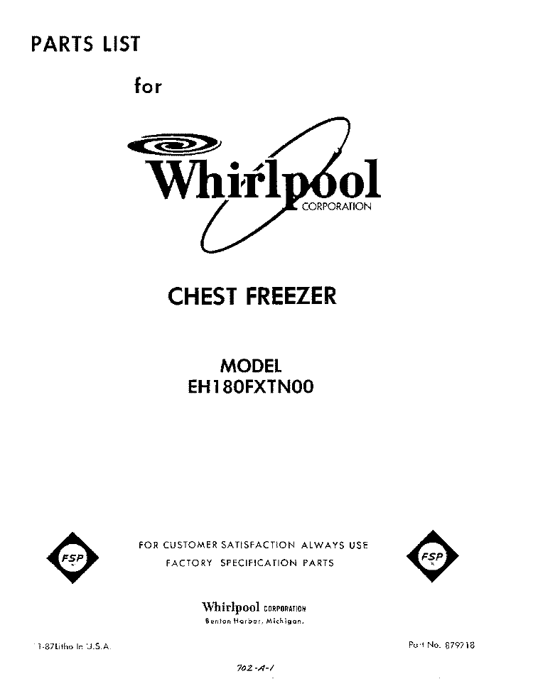 SECTION Diagram and Parts List for EH180FXTN00  Whirlpool Freezer