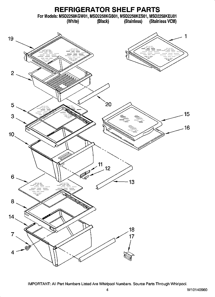 REFRIGERATOR SHELF PARTS Diagram and Parts List for MSD2258KES01  Whirlpool Refrigerator