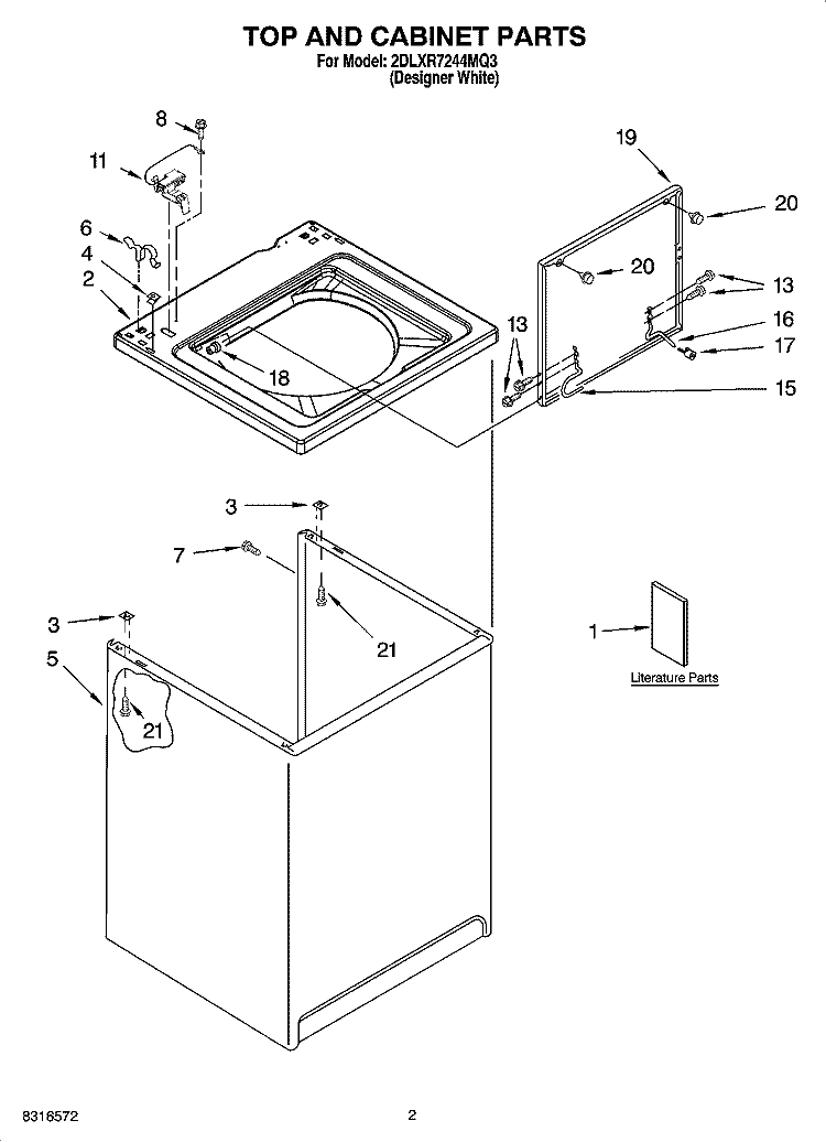 TOP AND CABINET PARTS Diagram and Parts List for 2DLXR7244MQ3  Whirlpool Washer