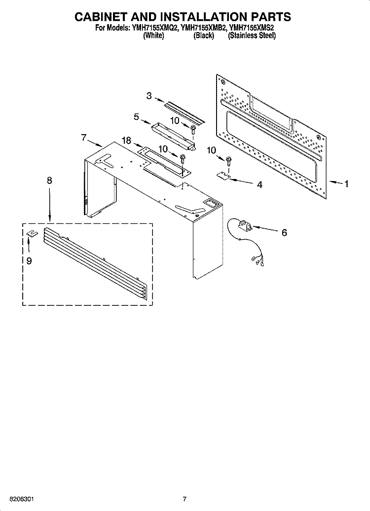 CABINET AND INSTALLATION PARTS Diagram and Parts List for YMH7155XMQ2  Whirlpool Microwave