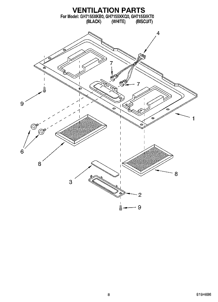 VENTILATION Diagram and Parts List for GH7155XKB0  Whirlpool Microwave
