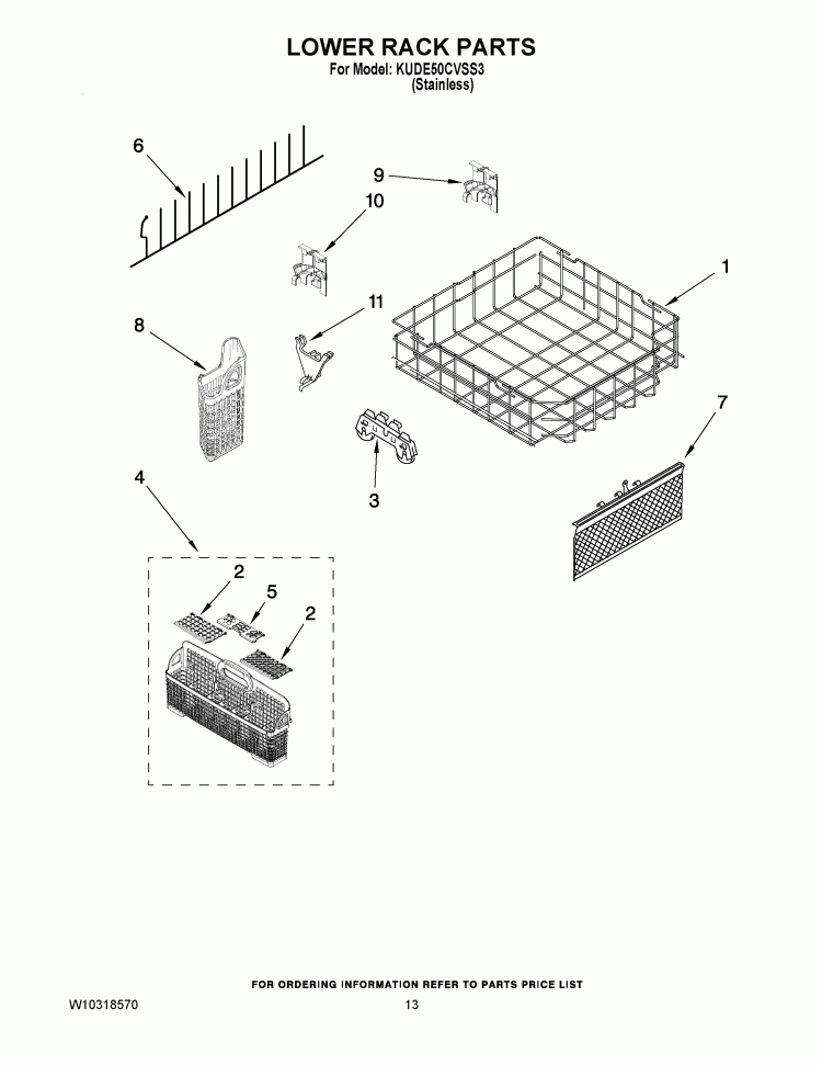 LOWER RACK PARTS Diagram and Parts List for KUDE50CVSS3  KitchenAid Dishwasher