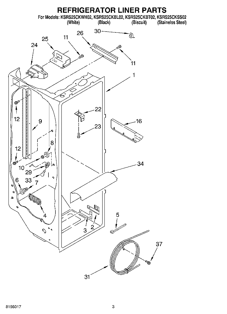 REFRIGERATOR LINER Diagram and Parts List for KSRS25CKWH02  KitchenAid Refrigerator
