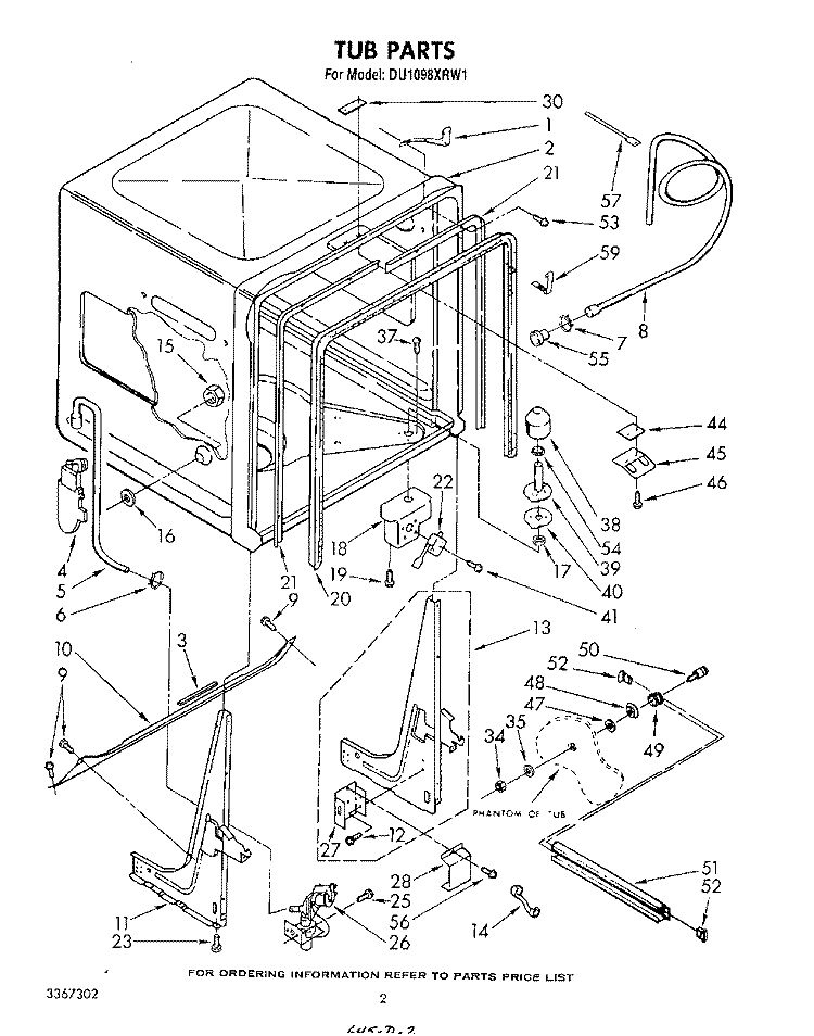 TUB, LITERATURE AND OPTIONAL Diagram and Parts List for DU1098XRW1  Whirlpool Dishwasher