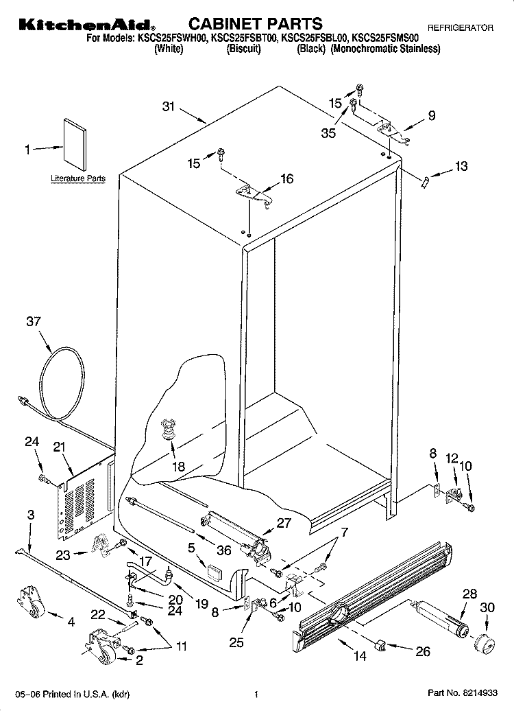 CABINET PARTS Diagram and Parts List for KSCS25FSBL00  KitchenAid Refrigerator