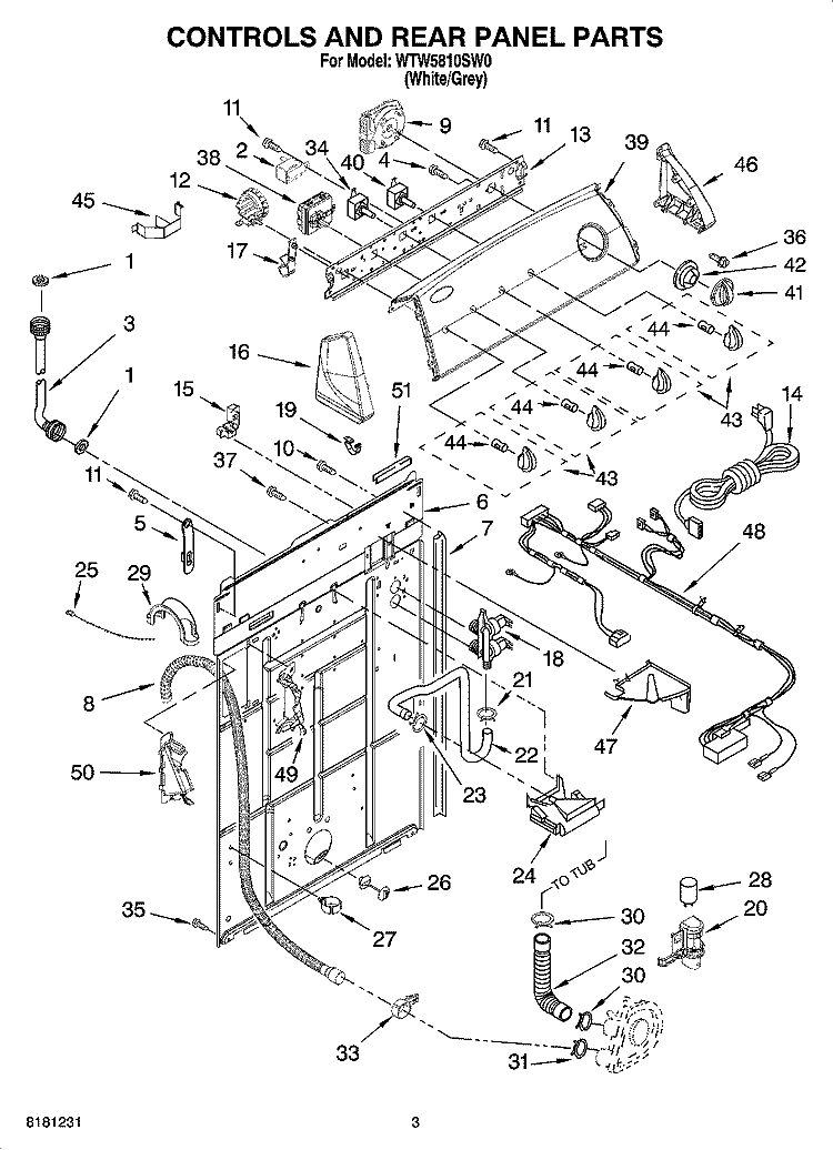CONTROLS AND REAR PANEL PARTS Diagram and Parts List for WTW5810SW0  Whirlpool Washer
