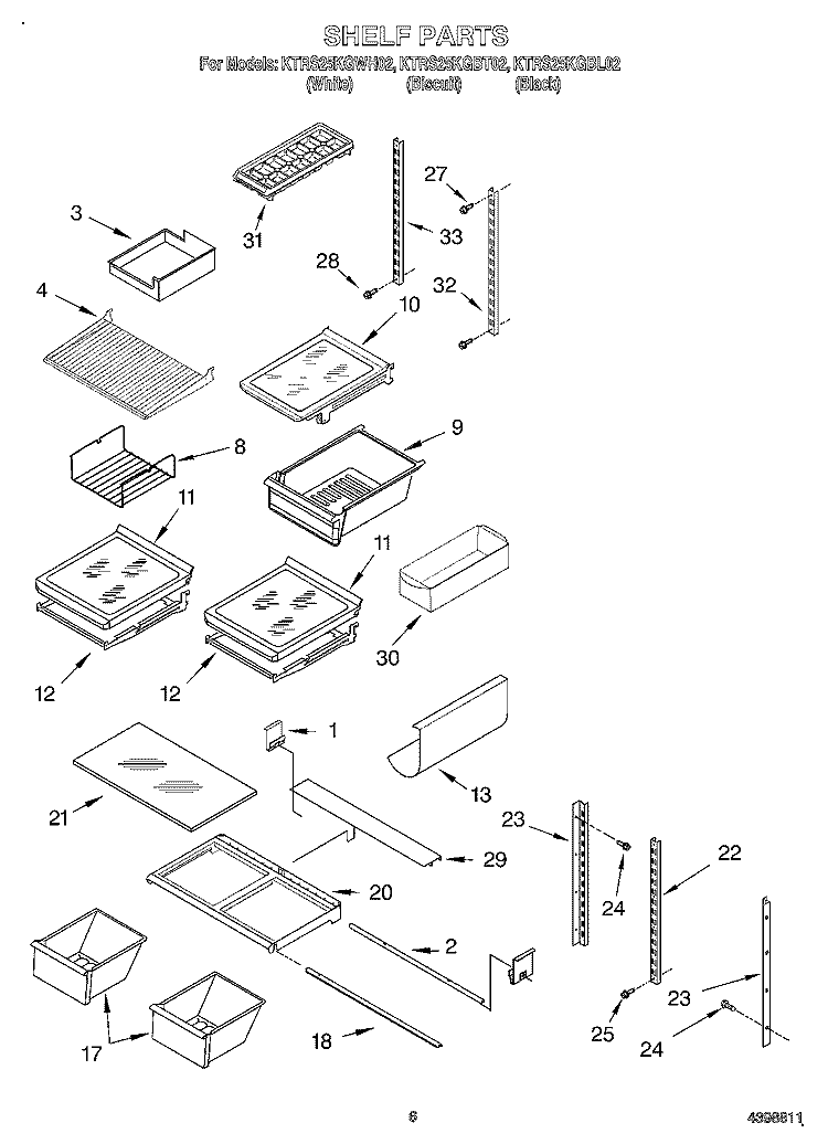 SHELF Diagram and Parts List for KTRS25KGBL02  KitchenAid Refrigerator