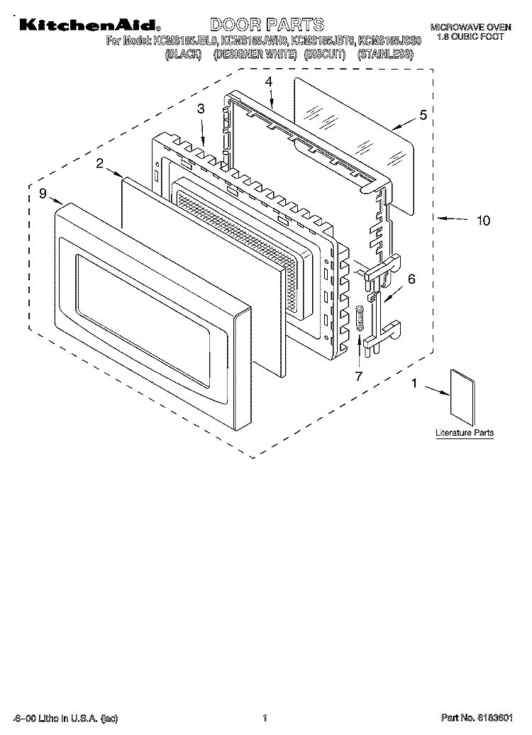 DOOR, LITERATURE Diagram and Parts List for KCMS185JBL0  KitchenAid Microwave