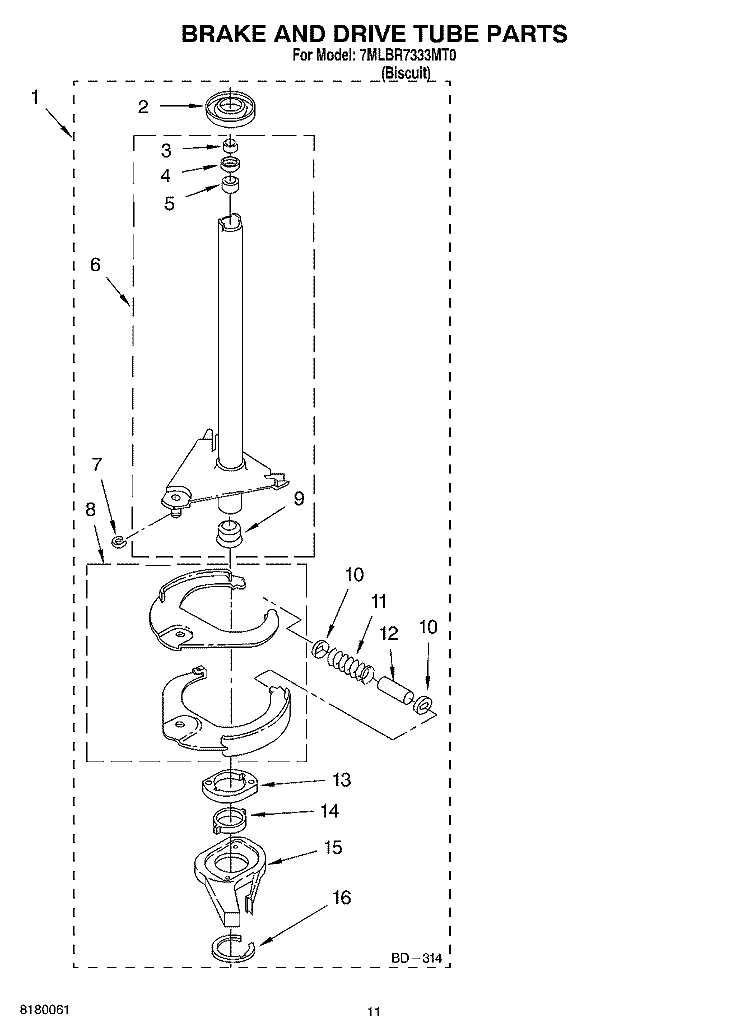 BRAKE AND DRIVE TUBE PARTS Diagram and Parts List for 7MLBR7333MT0  Whirlpool Washer